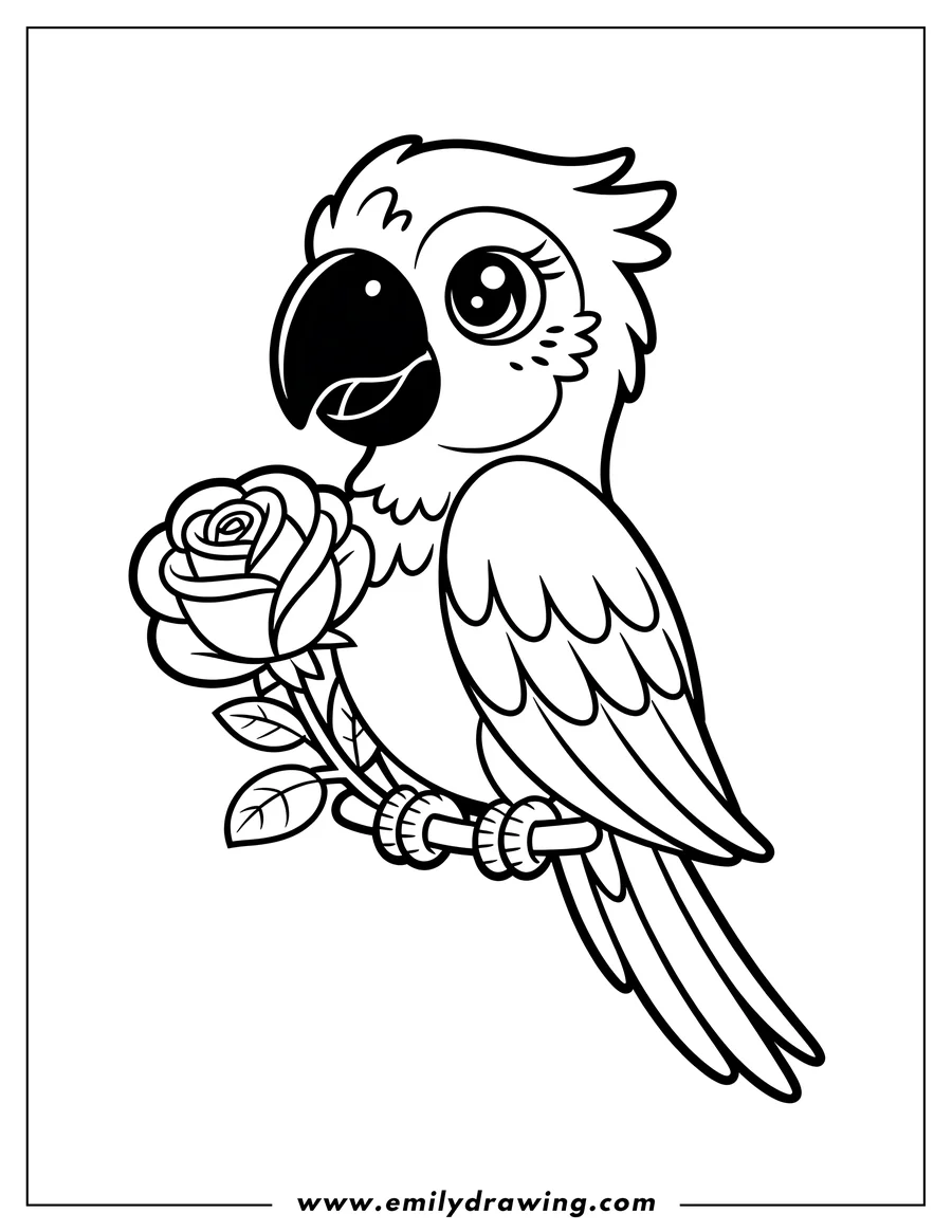 Outline of a macaw perched on a branch holding a rose in its beak.