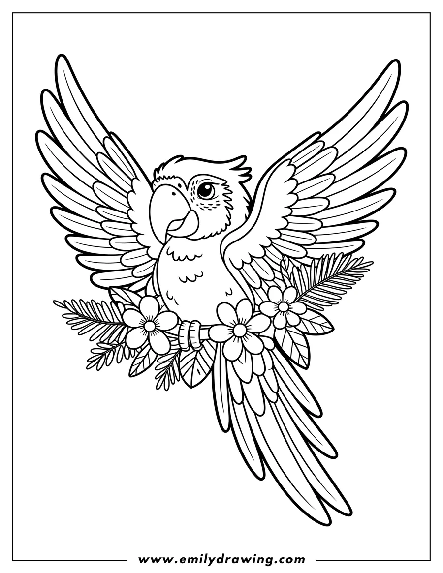 Line art of a macaw with outstretched wings, perched near tropical flowers and leaves.