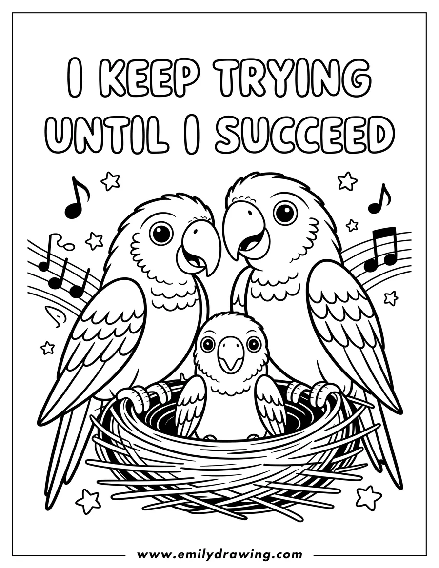 Outline of two macaws and their chick sitting in a nest. Musical notes and stars float around them.