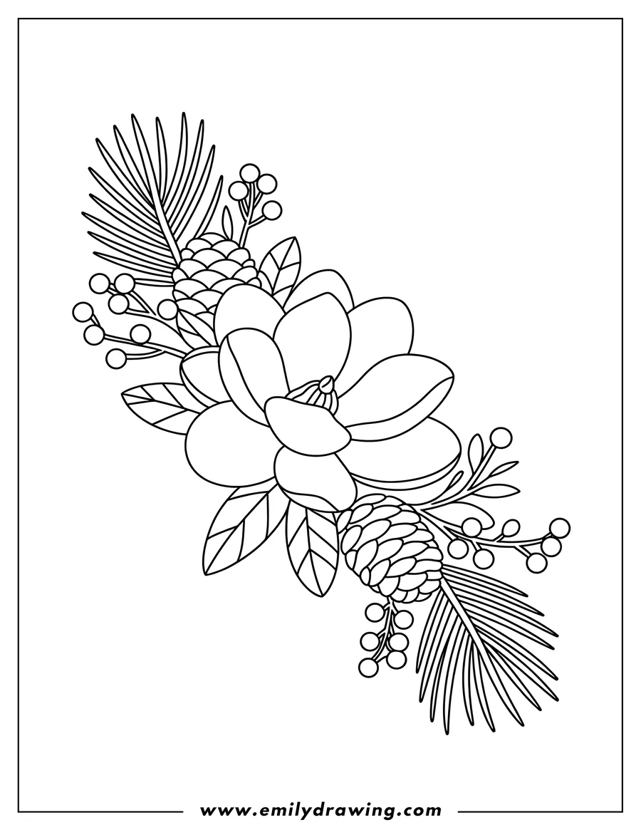 Outline of a magnolia flower with pine cones, berries, and leaves.