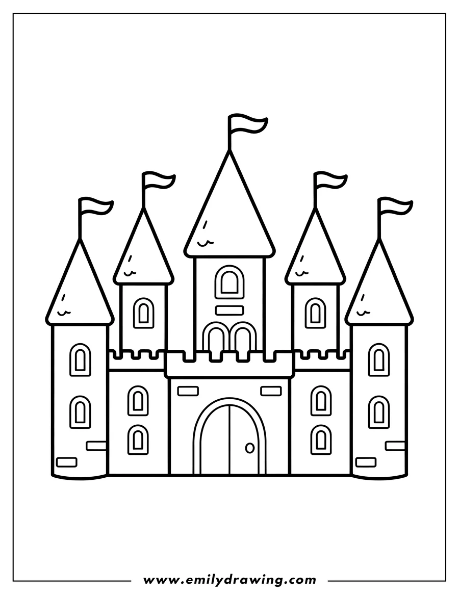 Outline of a majestic castle with multiple towers, flags, and a large arched gate.