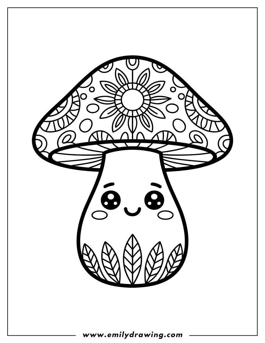 Outline of a cute mushroom with a mandala pattern on its cap and leaves at the base.