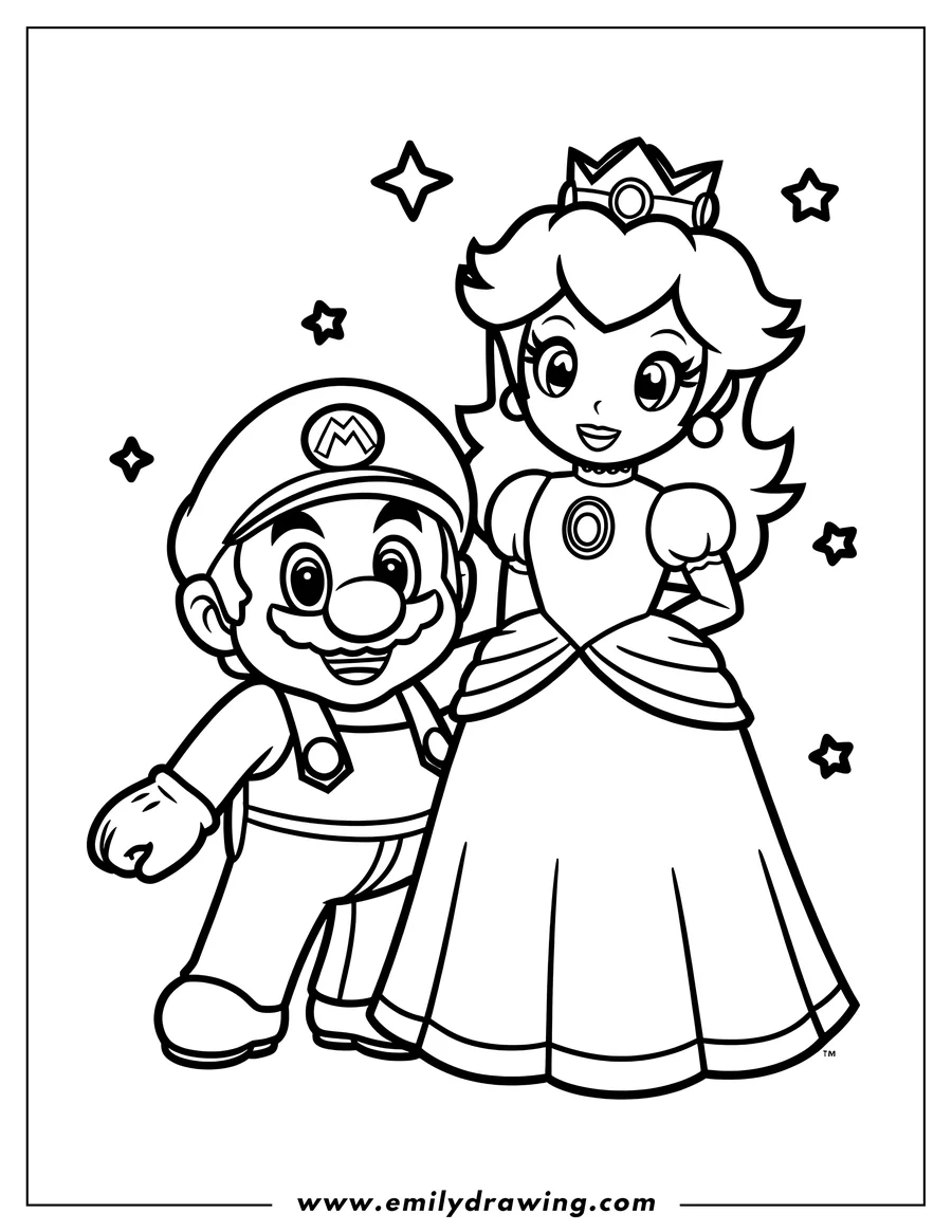 Line art of Mario and Princess Peach from the Super Mario series. Princess Peach wears a crown and long gown. Mario wears his signature overalls and hat.