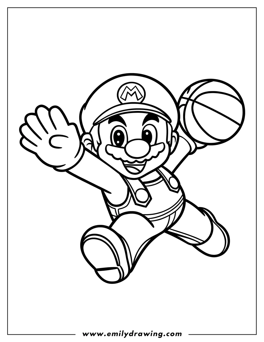 Line art of Mario dribbling a basketball, wearing his signature overalls and hat.