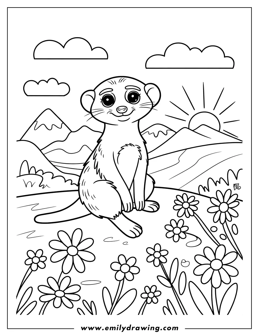 Outline of a meerkat sitting in a flower meadow, with mountains and a rising sun in the background.