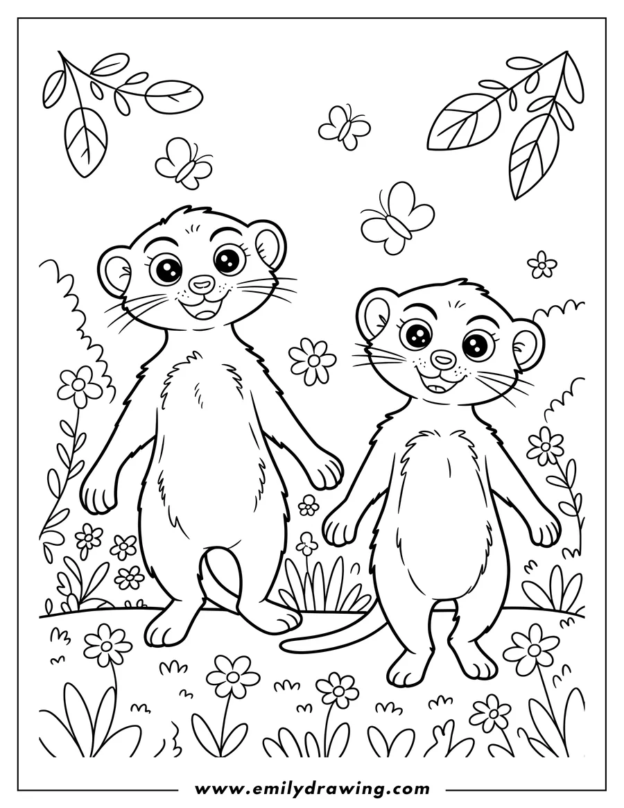 Two meerkats standing in a flower patch with butterflies fluttering around.