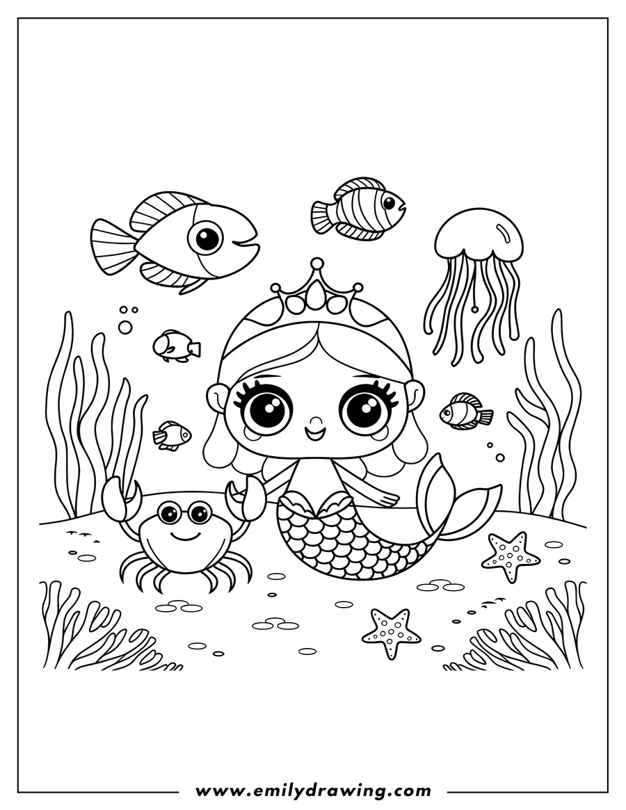 Outline of a mermaid with a crown sitting underwater near a crab, surrounded by fish, a jellyfish, starfish, and seaweed.
