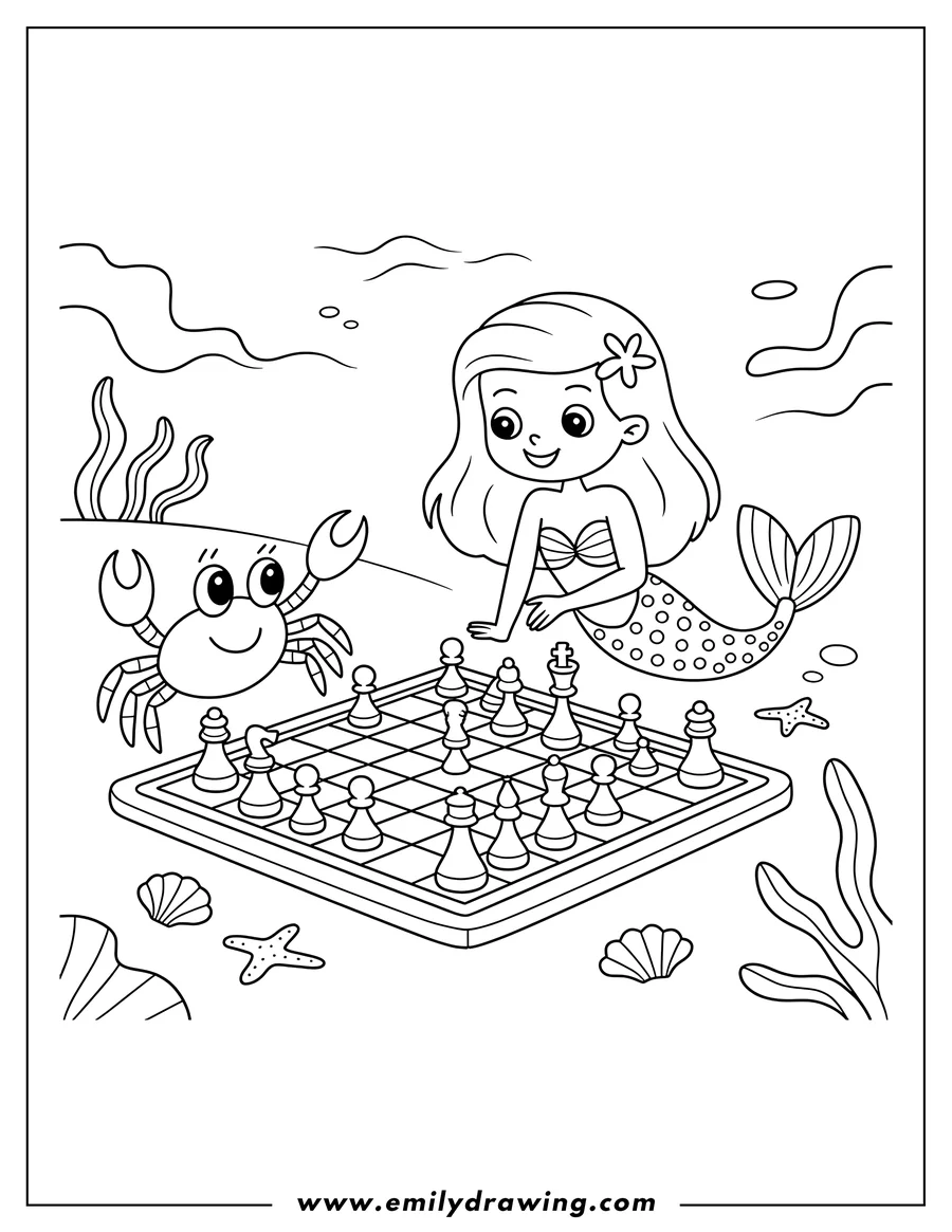 Outline of a mermaid and a crab playing chess on the seabed. Starfish and seashells surround the chessboard.