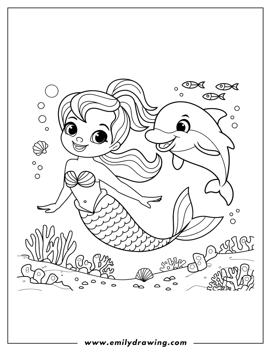 Line art of a mermaid swimming alongside a dolphin underwater, surrounded by coral and seashells on the ocean floor.