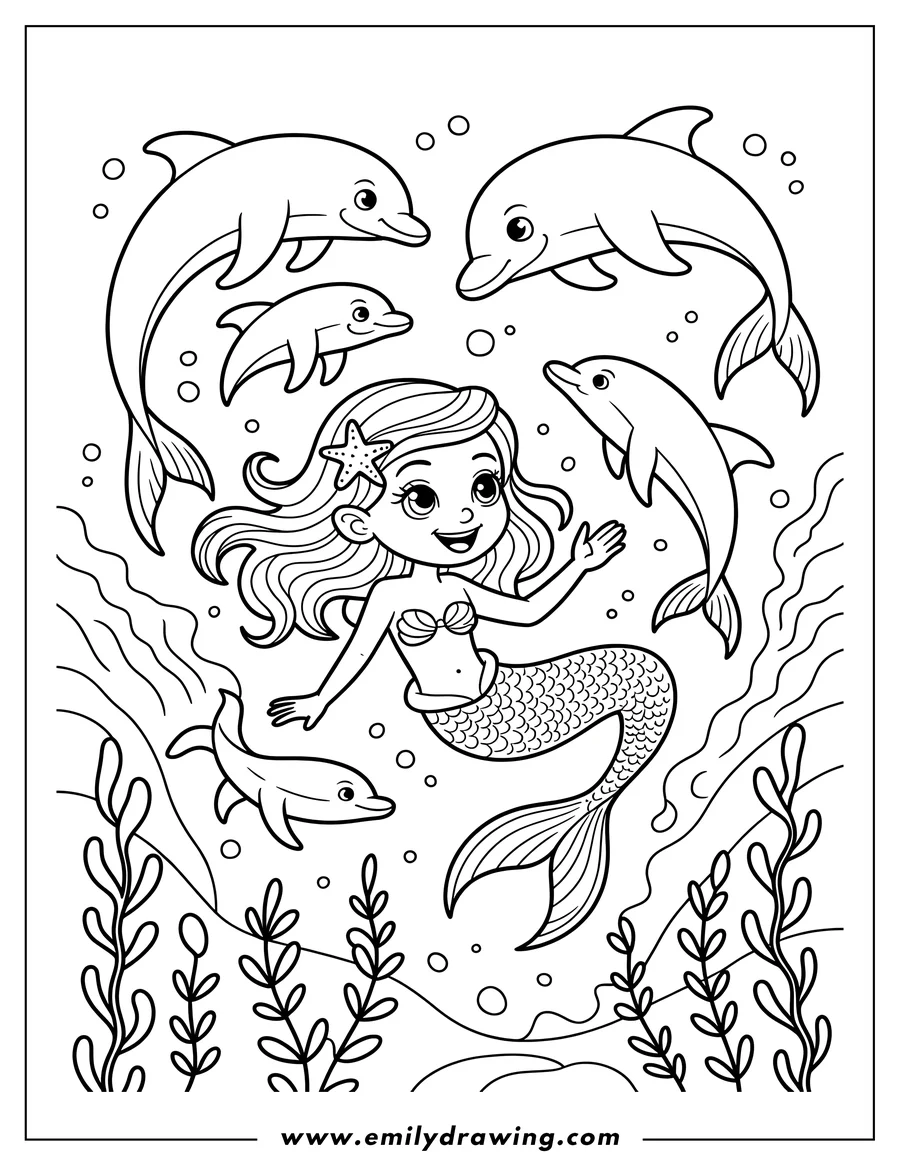 Outline of a mermaid swimming with four dolphins, surrounded by seaweed and bubbles.