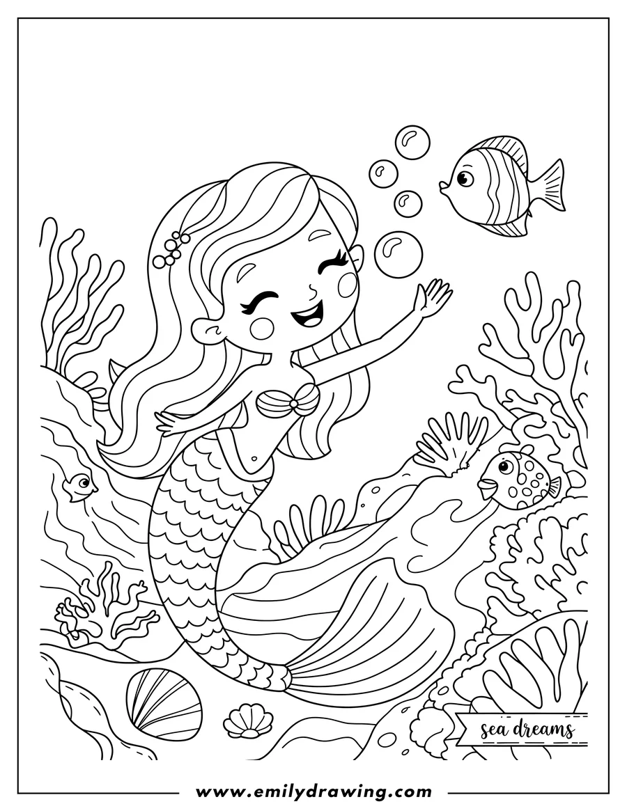 Outline of a mermaid with long hair and a scaled tail, surrounded by coral, shells, and two small fish. She is blowing bubbles and looks happy.
