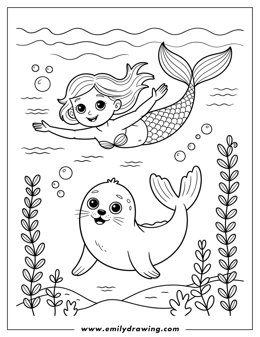 Outline of a mermaid swimming above a harp seal. Seaweed and bubbles surround them underwater.