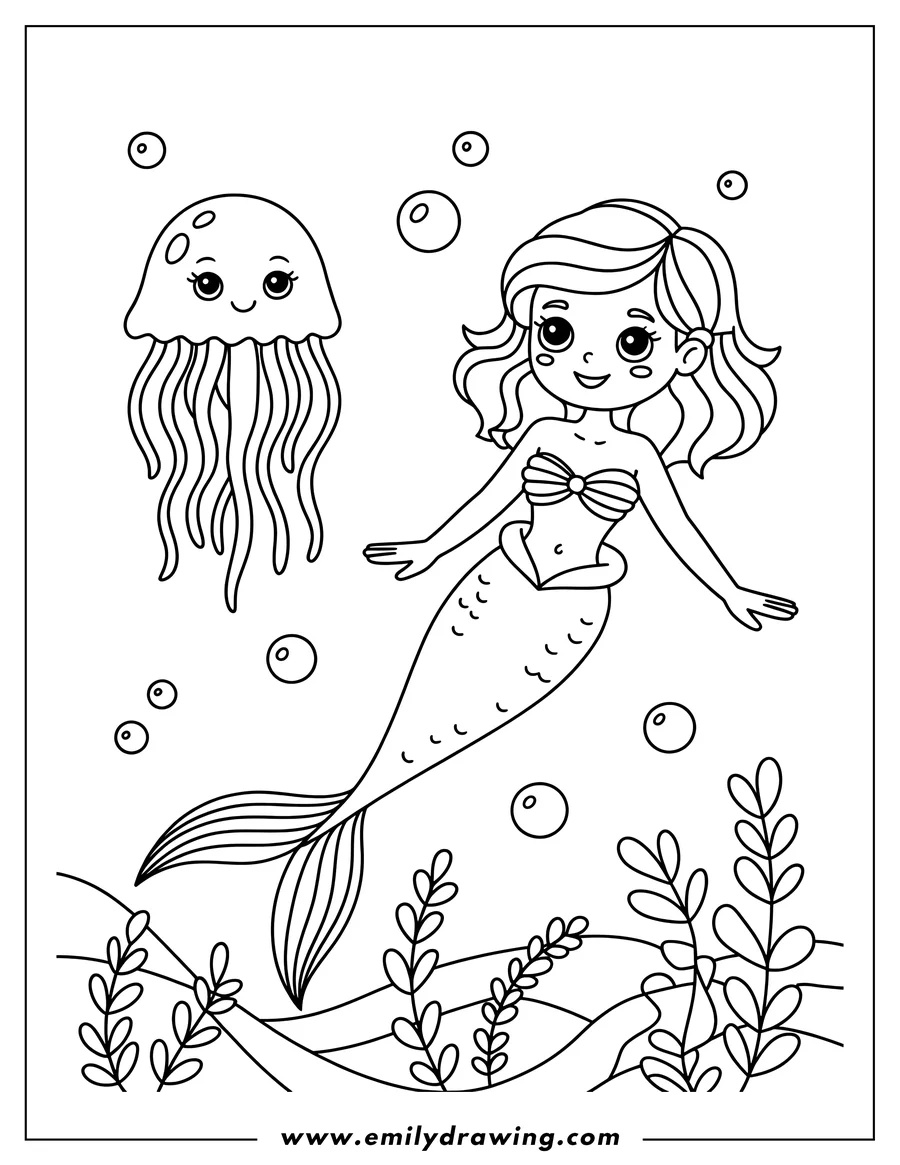 Outline of a smiling mermaid swimming near a jellyfish and seaweed on the ocean floor.