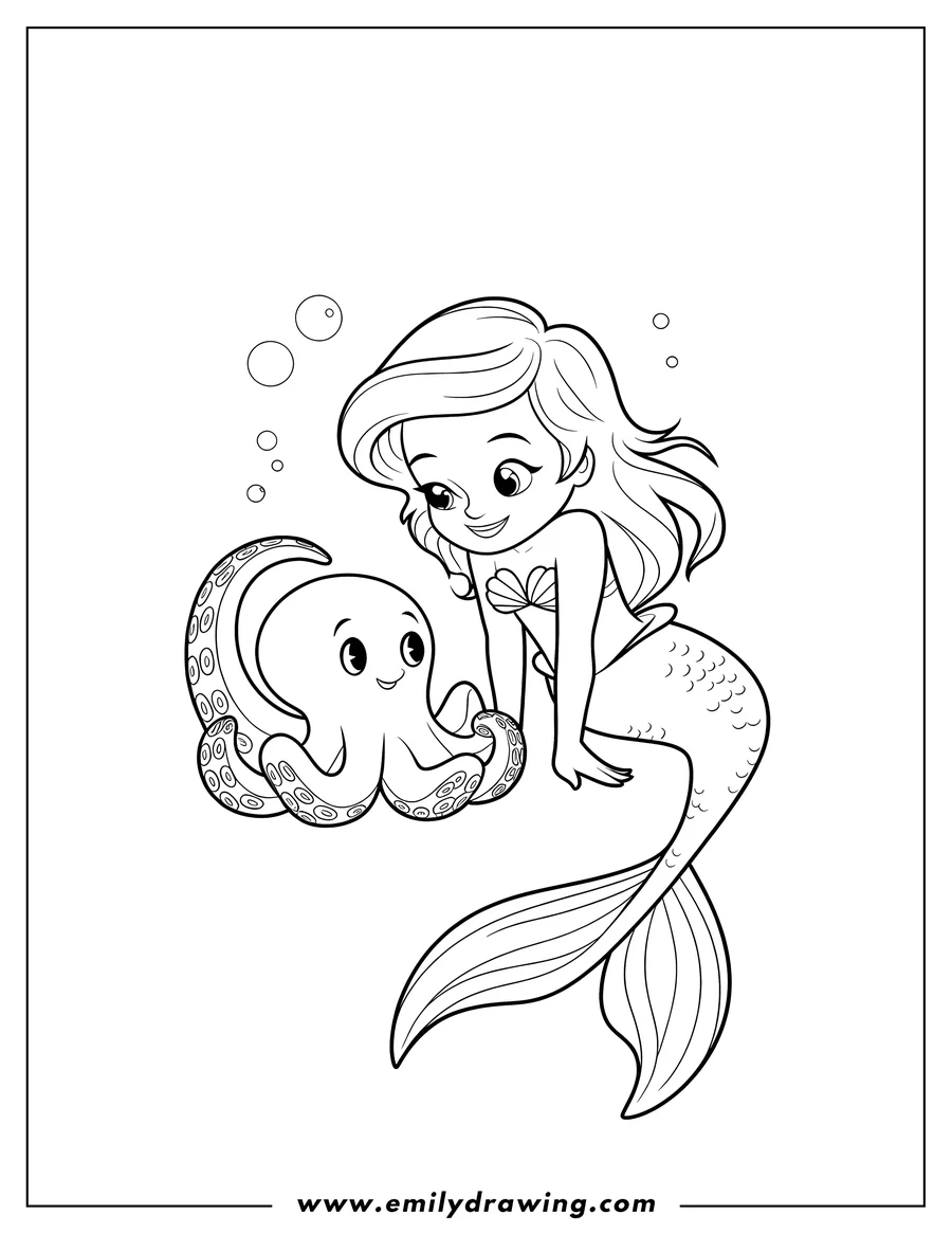 Outline of a mermaid with long hair and a patterned tail sitting and playing with a friendly octopus underwater, surrounded by bubbles.