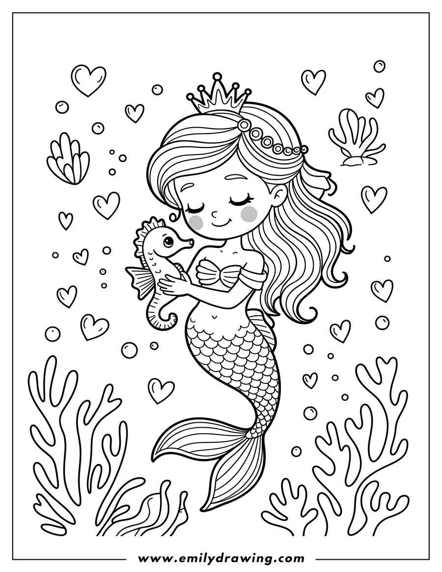 Line drawing of a mermaid princess gently holding a seahorse, surrounded by hearts and seaweed.