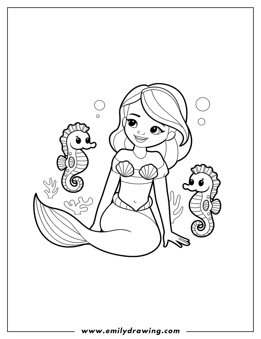 Outline of a mermaid sitting underwater with two seahorses on either side of her. She has a seashell top and a long, flowing tail.
