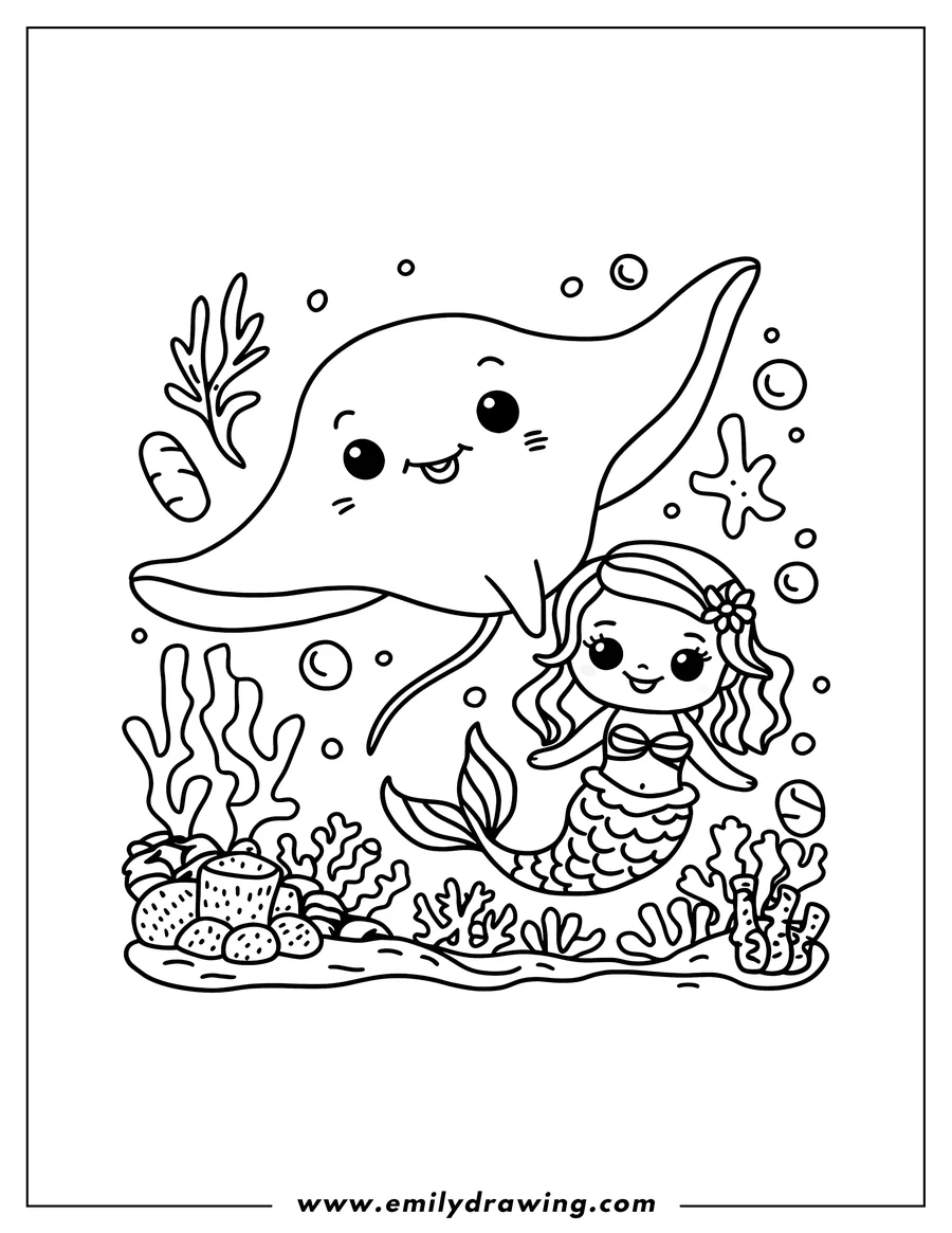Line art of a mermaid and stingray swimming underwater. The scene includes coral, seaweed, a starfish, and bubbles.