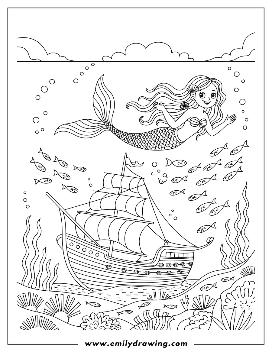 Line art of a mermaid swimming above a sunken ship on the ocean floor, surrounded by small fish and seaweed.