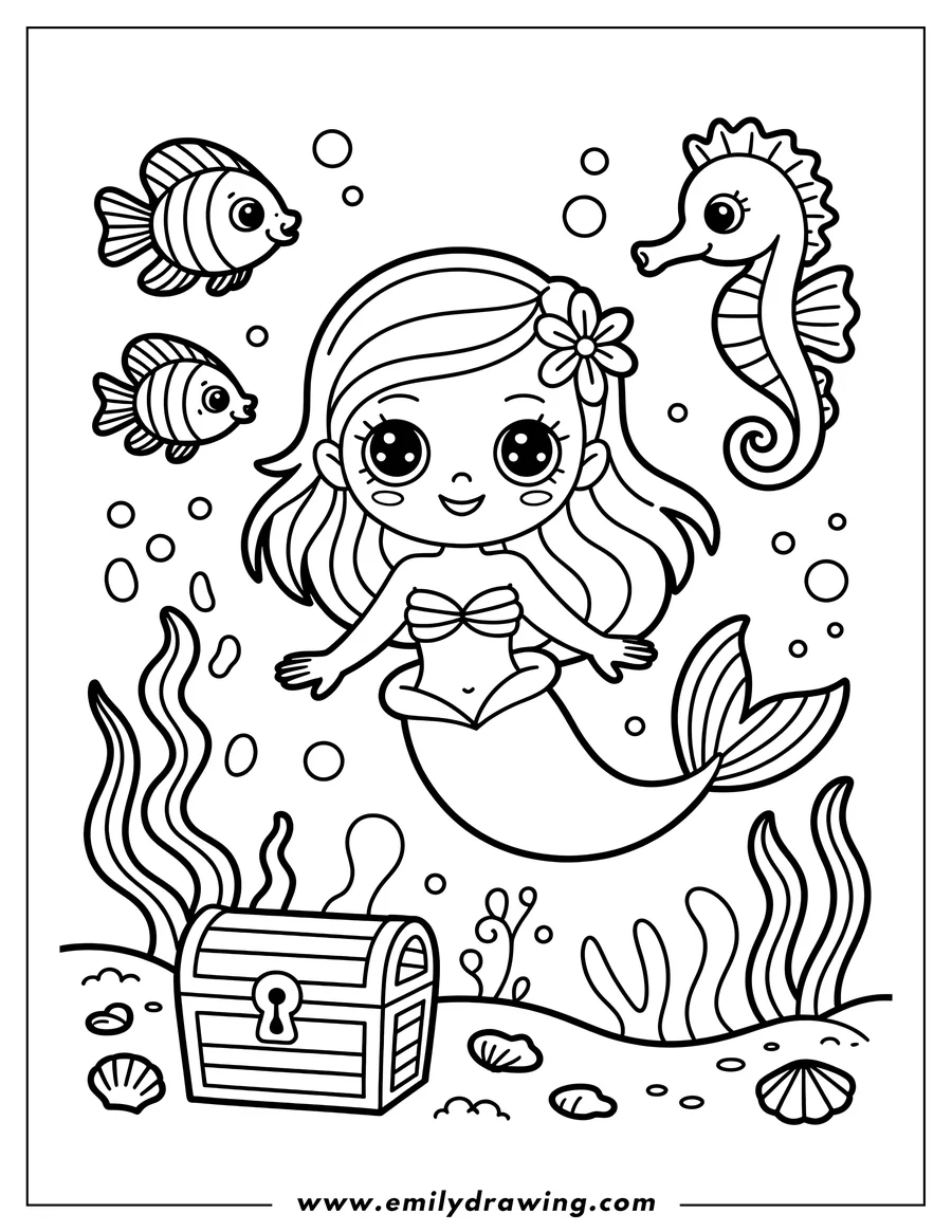 Outline of a smiling mermaid swimming near a treasure chest on the ocean floor, with a seahorse and two fish nearby.
