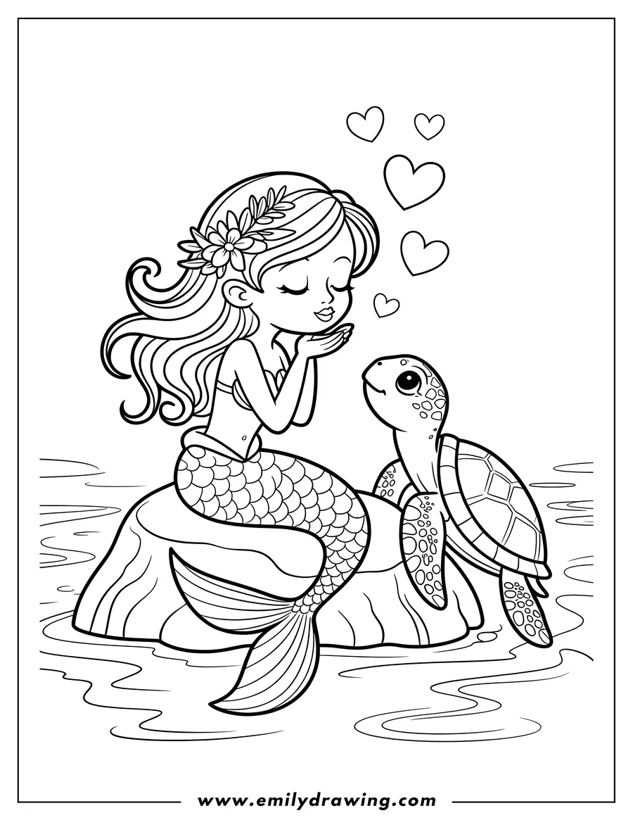 Line art of a mermaid sitting on a rock with a turtle, blowing a kiss. Hearts float above them.