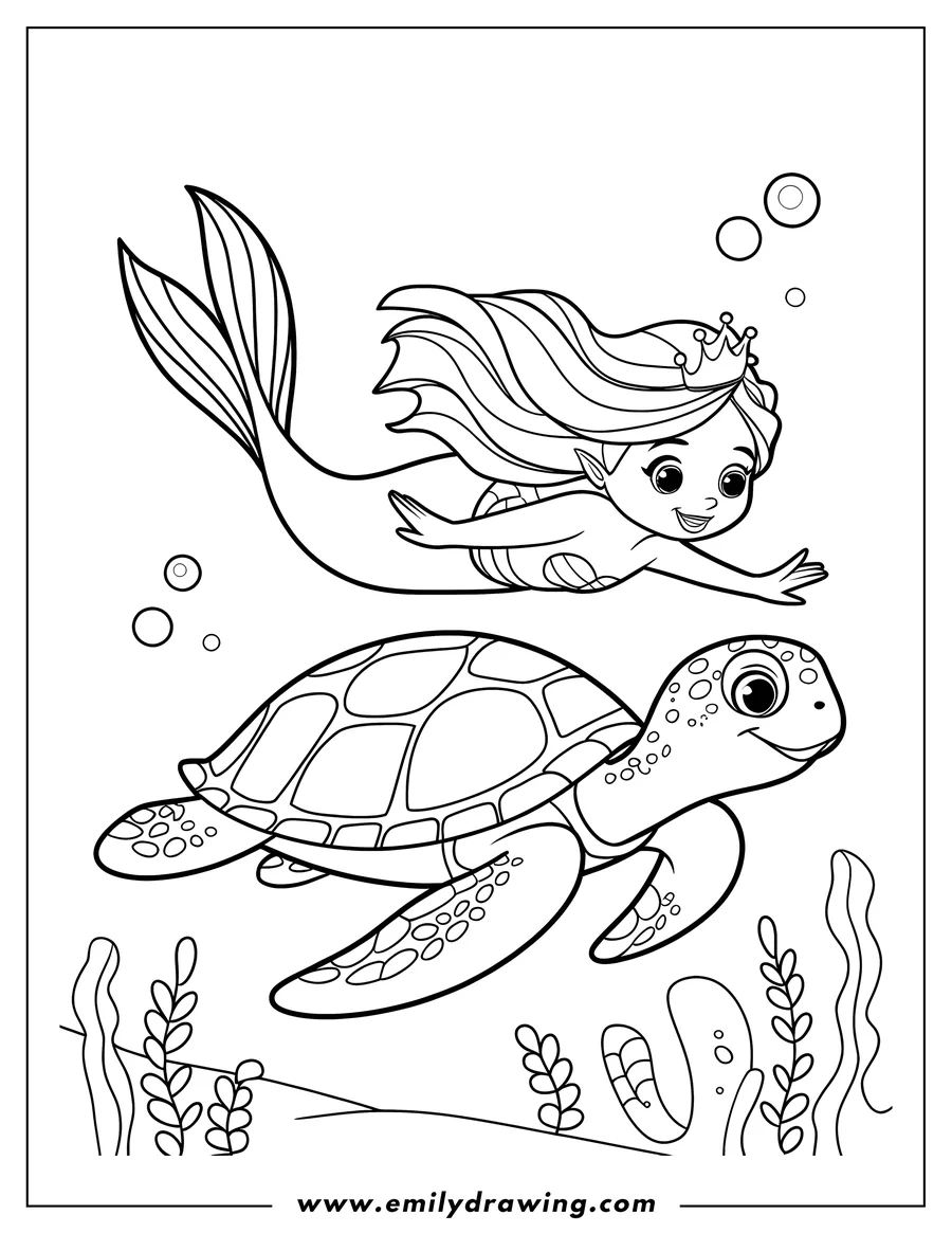 Outline of a mermaid swimming alongside a sea turtle underwater, surrounded by bubbles and seaweed.
