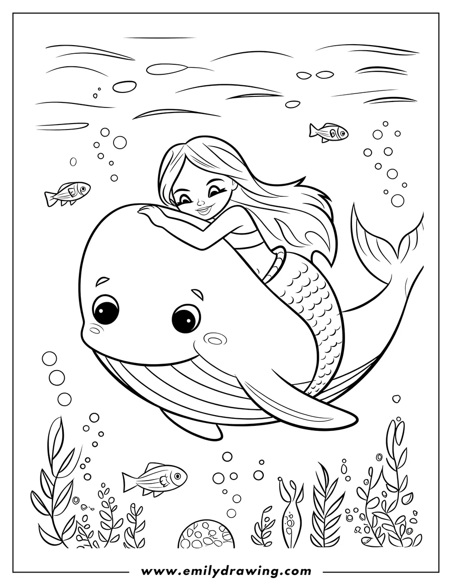 Line art of a mermaid hugging a whale underwater. Small fish and seabed plants are visible around them.