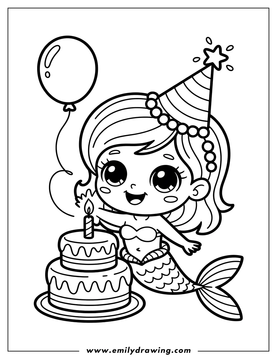 Line art of a mermaid with a birthday cake, wearing a party hat, and holding a balloon.