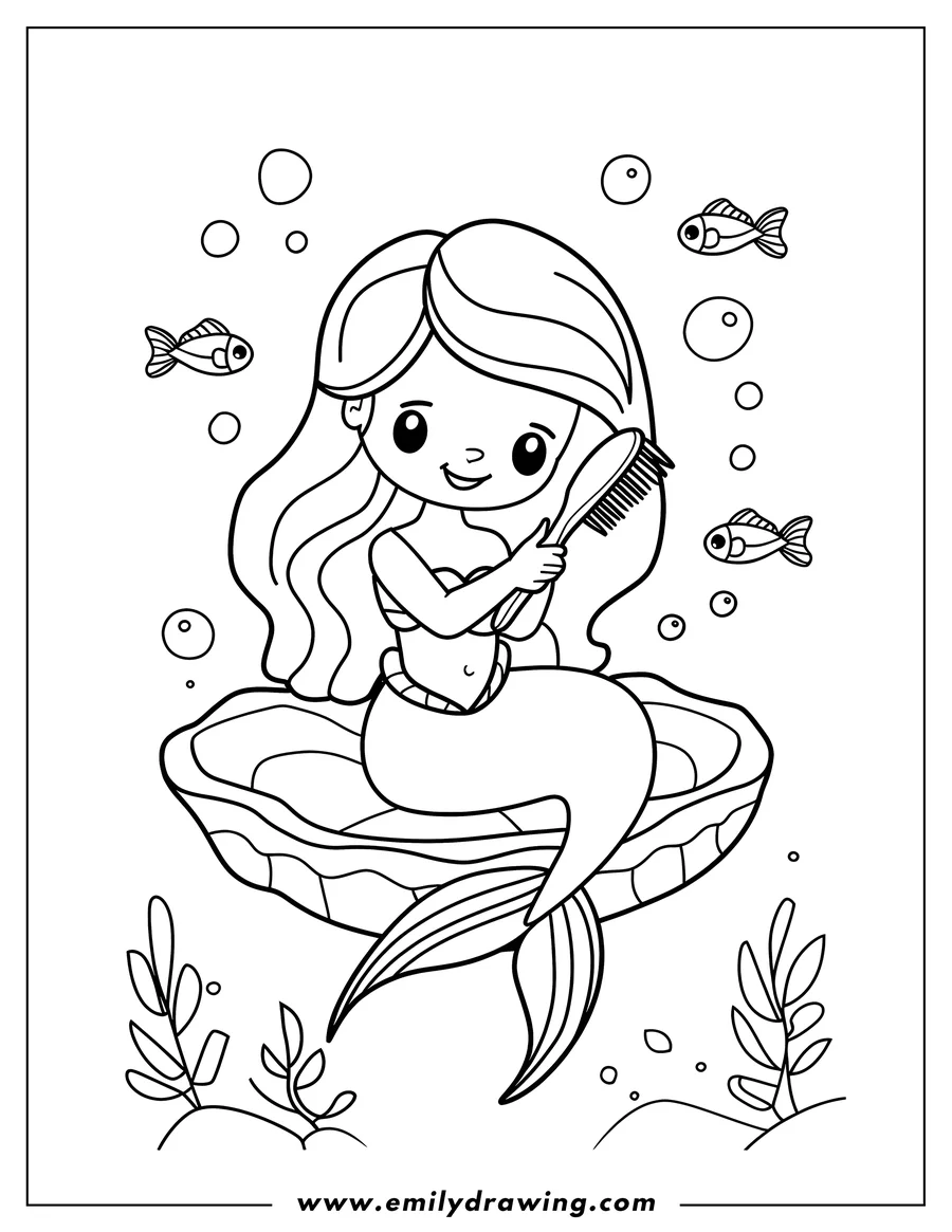 Outline of a mermaid sitting on a clamshell, brushing her long hair. Small fish and bubbles surround her underwater.