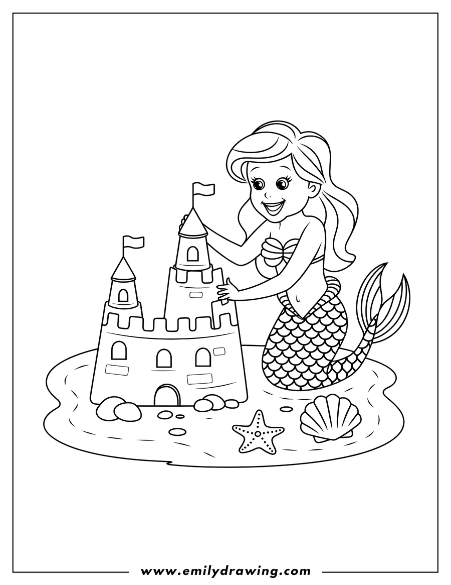 Outline of a mermaid with a scale-patterned tail building a sandcastle on the beach. There are also rocks, a starfish, and a clamshell.