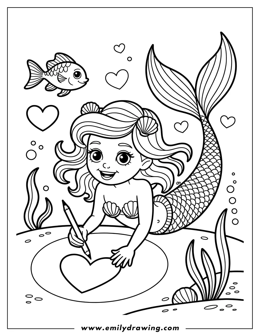 Outline of a mermaid with seashells in her hair, drawing a heart on the ocean floor with a pencil. A fish swims nearby, and hearts and bubbles float around her.