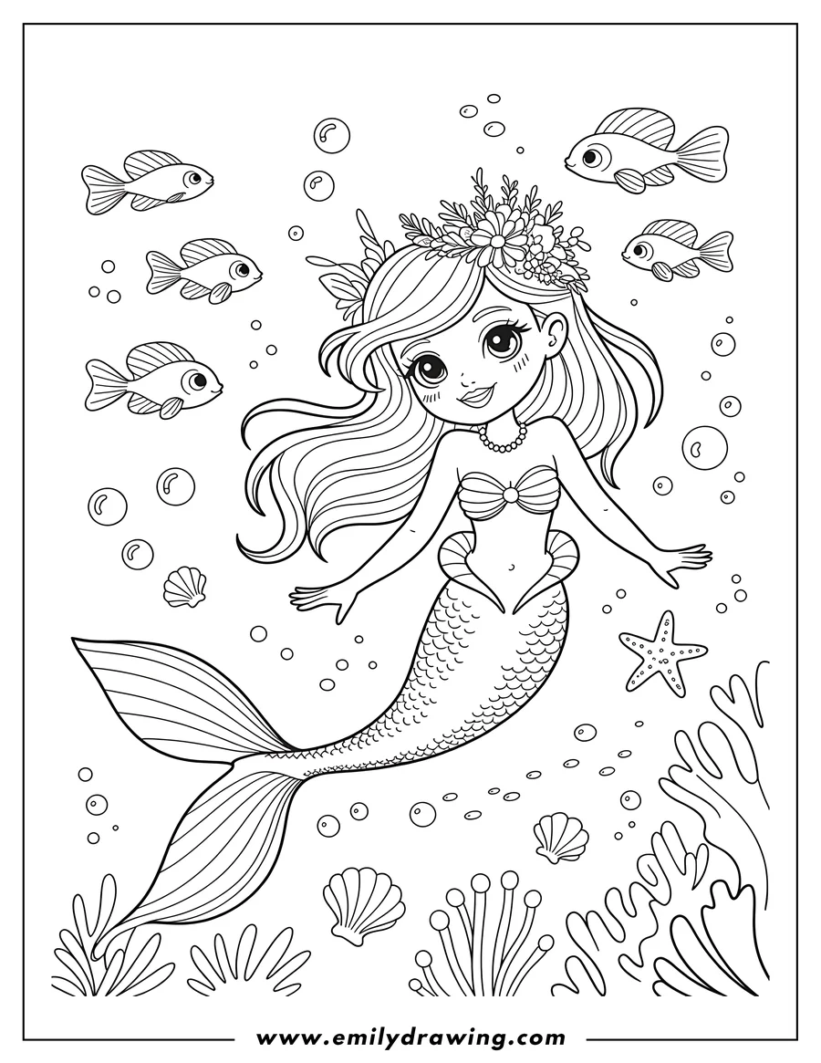 Line art of a mermaid with a flower crown in her hair, swimming underwater. She is surrounded by small fish, bubbles, seashells, and seaweed. Her tail is long and flowing, ready to be colored.