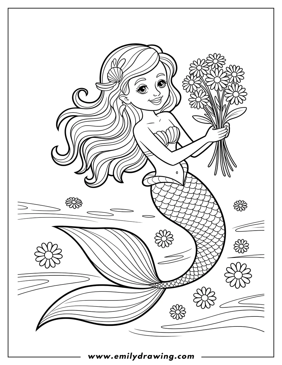 Line art of a mermaid holding a bouquet of daisies. She has a seashell in her hair and is smiling. Daisies also float around her in the water.