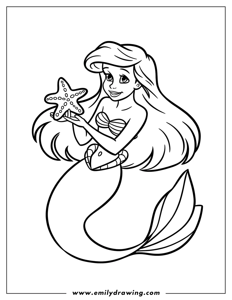 Line art of a mermaid with long flowing hair holding a starfish in her hands.