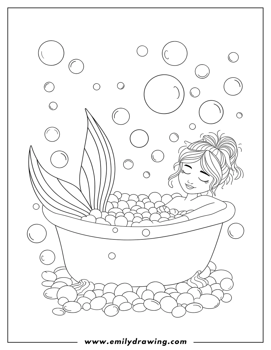 Outline of a mermaid relaxing in a bathtub filled with bubbles. Her tail is visible over the edge of the tub.