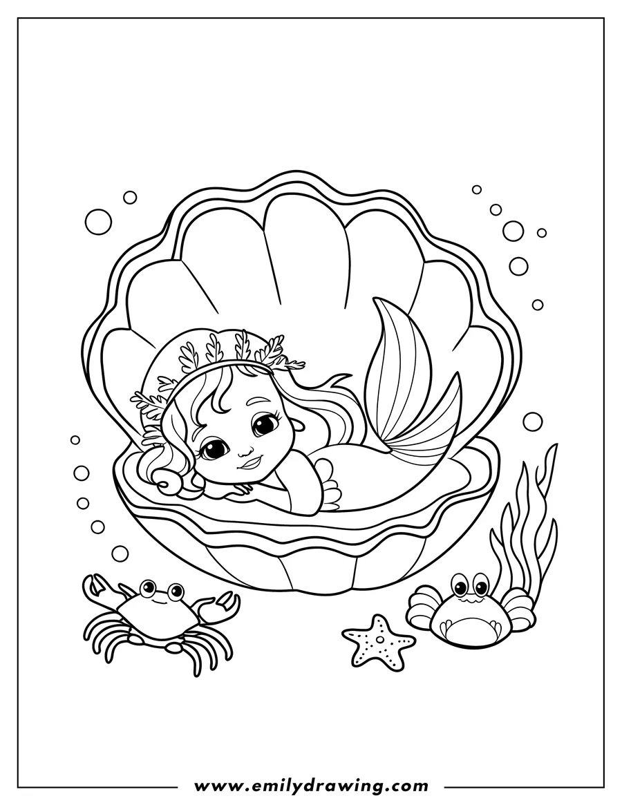 Line art of a mermaid with a seaweed crown, resting in a large clamshell. Two friendly crabs and a starfish are nearby.