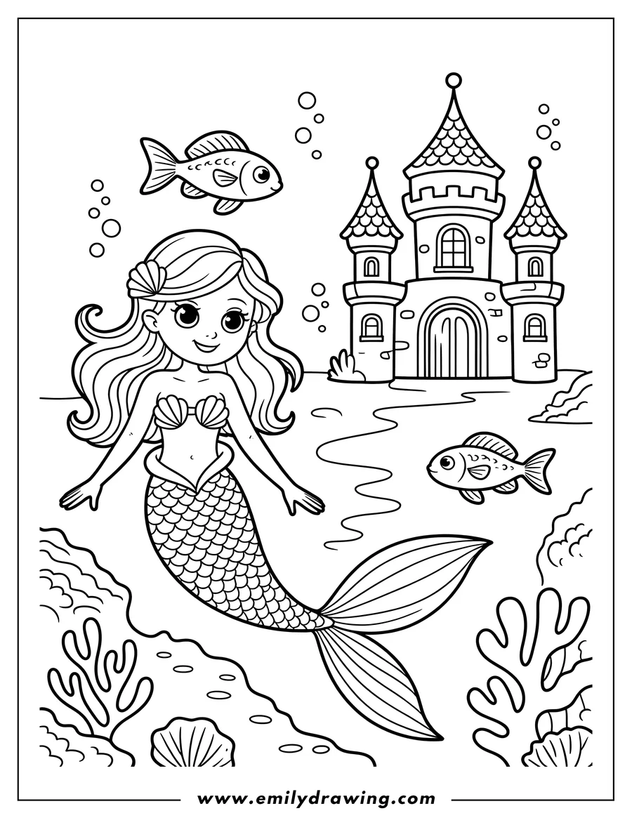 Line art of a mermaid with a seashell in her hair near a castle underwater with fishes, corals, and seashells.