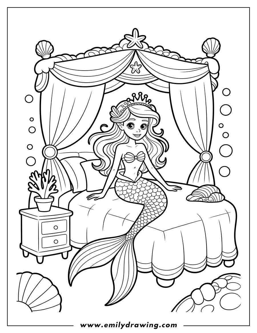 Line art of a mermaid with a crown sitting on a large, decorated bed with seashells and starfish. Bubbles float around the scene.