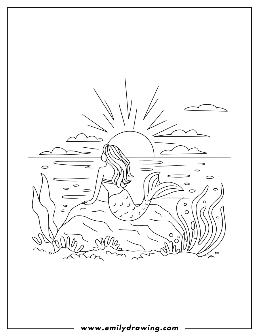 Line art of a mermaid sitting on a rock in the ocean at sunset. Seaweed and coral are around the rock.