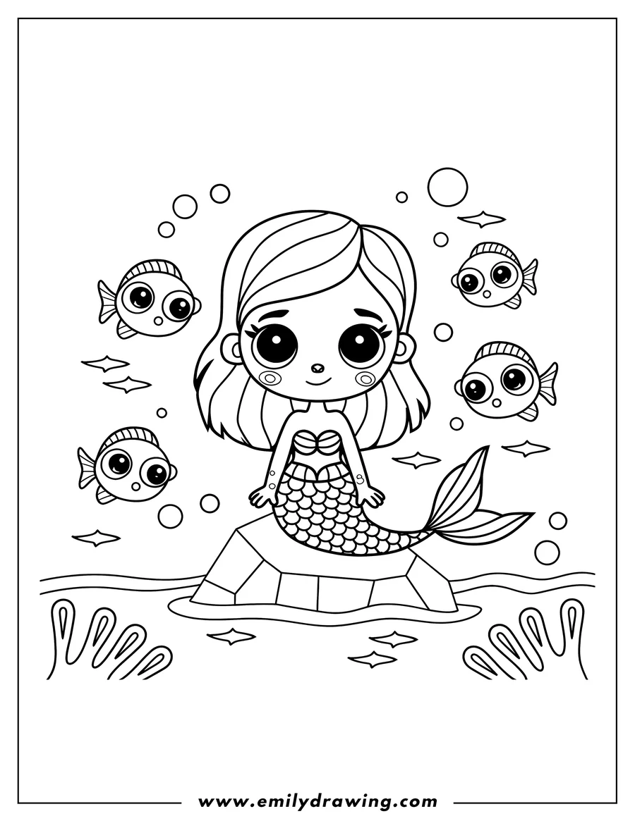 Outline of a mermaid with large eyes sitting on a rock in the ocean, surrounded by small fish.
