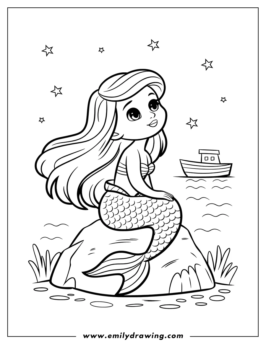 Outline of a mermaid with long hair, sitting on a rock near a small boat with stars in the background.