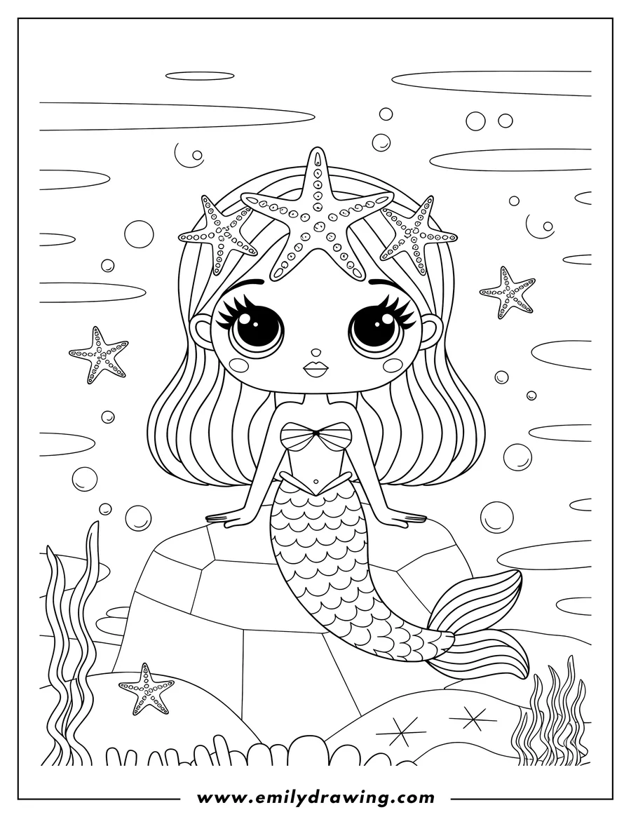 Outline of a mermaid with starfish in her hair, sitting on a rock underwater with seaweed and bubbles around her.