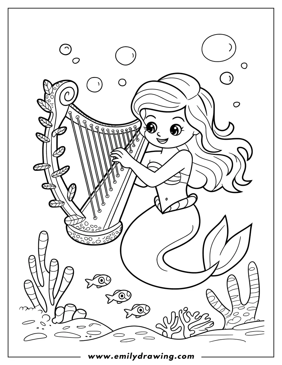 Line art of a mermaid playing a harp underwater, surrounded by small fish, coral, and bubbles.