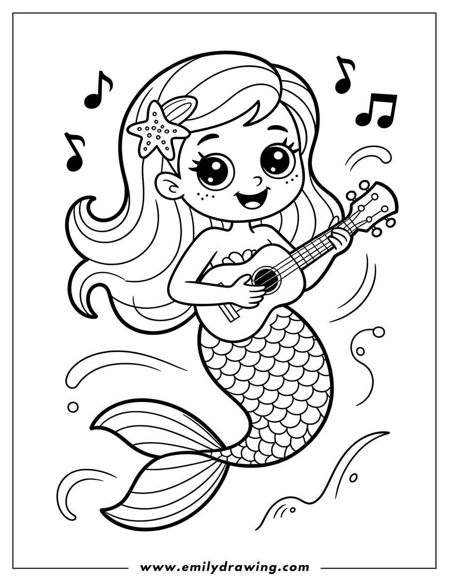 Line art of a mermaid with a starfish in her hair, playing a ukulele. Musical notes float around her.