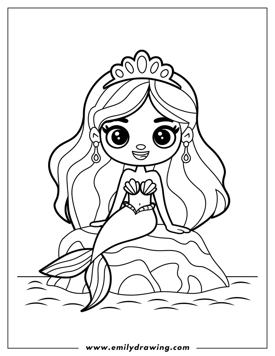 Outline of a mermaid princess with a crown and seashell top, sitting on a rock in the ocean.