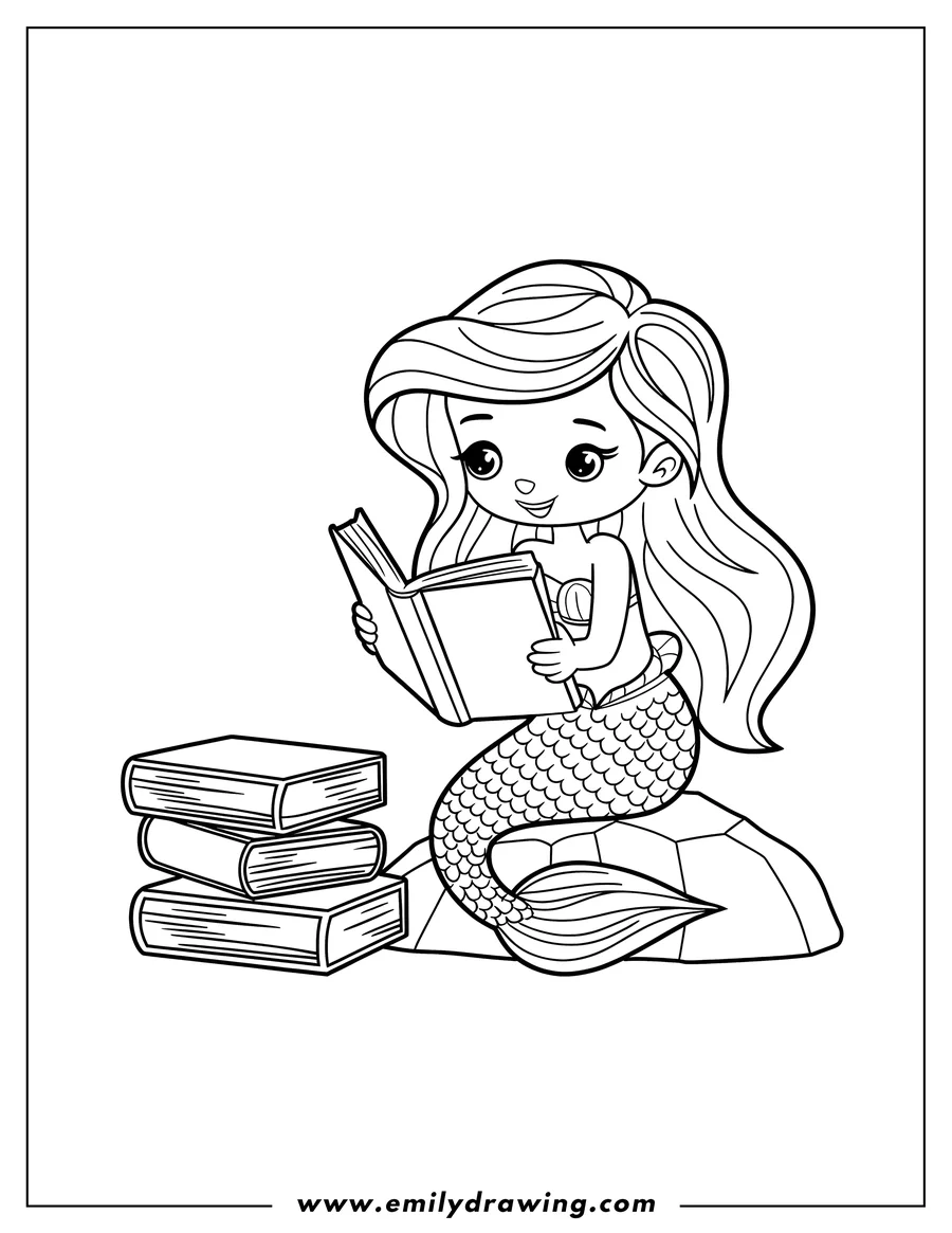 Outline of a mermaid sitting on a rock, reading a book with a stack of other books beside her.