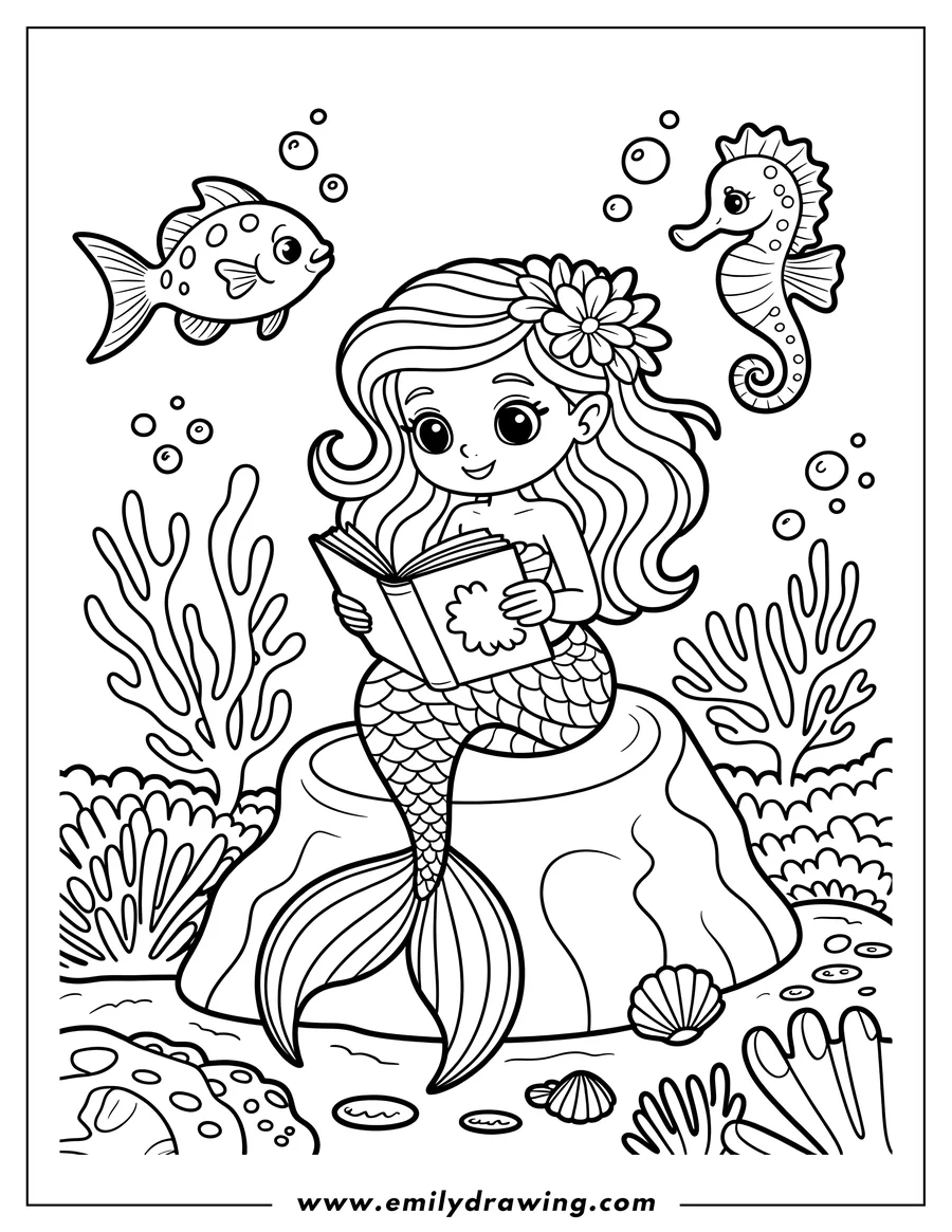 Line art of a mermaid with a flower in her hair, sitting on a rock and reading a book. A fish and a seahorse swim nearby, and coral and seashells decorate the ocean floor.