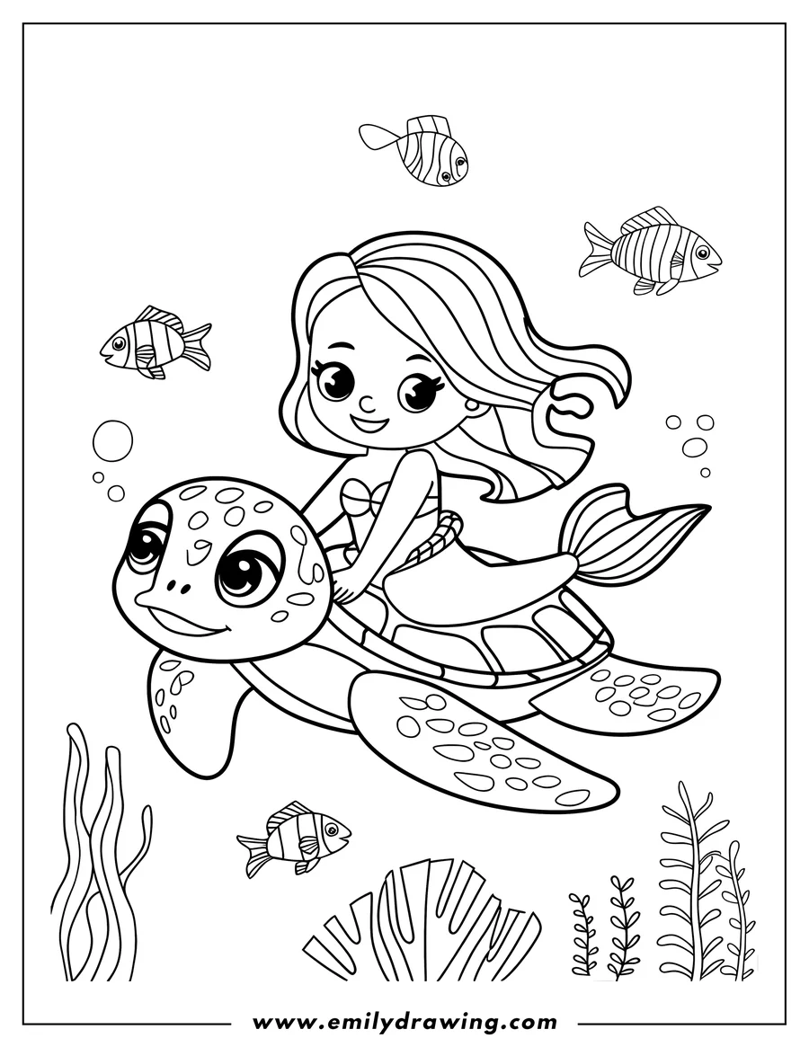 Outline of a mermaid riding a sea turtle underwater, surrounded by small fish and seaweed.