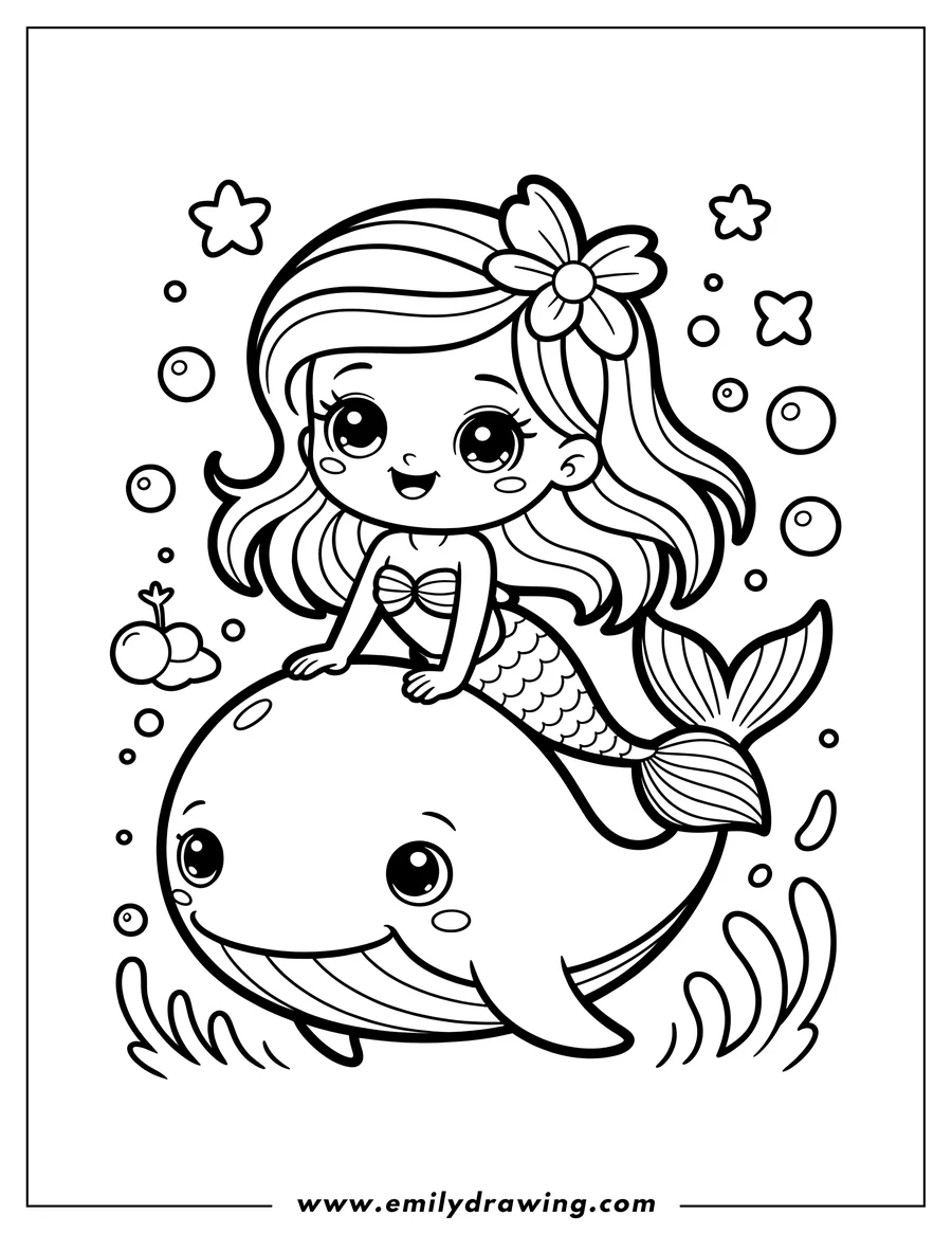 Line art of a mermaid with a flower in her hair riding on the back of a smiling whale. Bubbles and seaweed float around them.