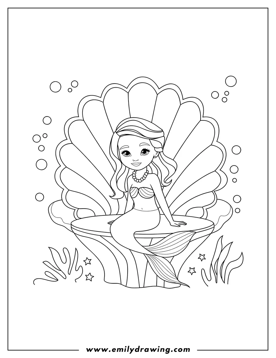 Outline of a mermaid with long hair and a pearl necklace, sitting on a large clamshell throne underwater, surrounded by small stars and seaweed.