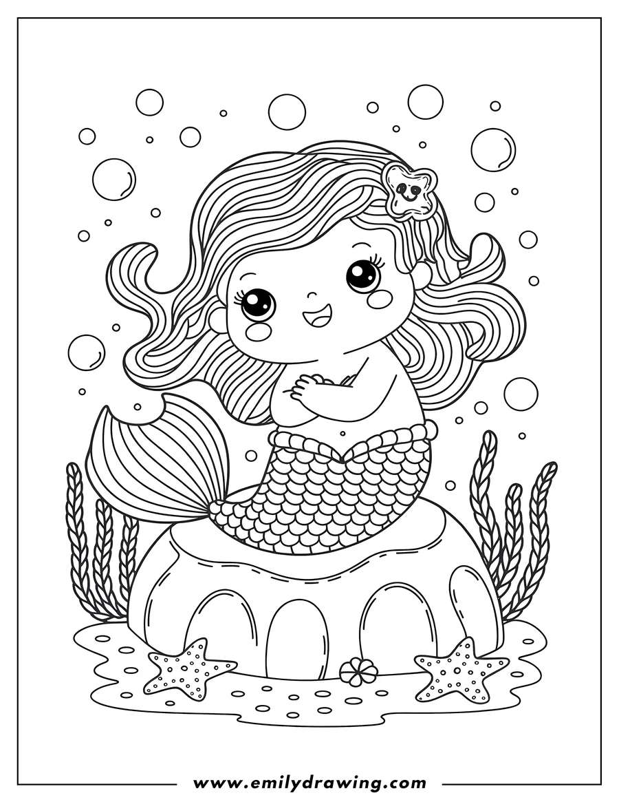 Outline of a smiling mermaid with a starfish in her hair sitting on a large rock. There are two starfish and a flower near the rock, seaweed and bubbles surrounding her.